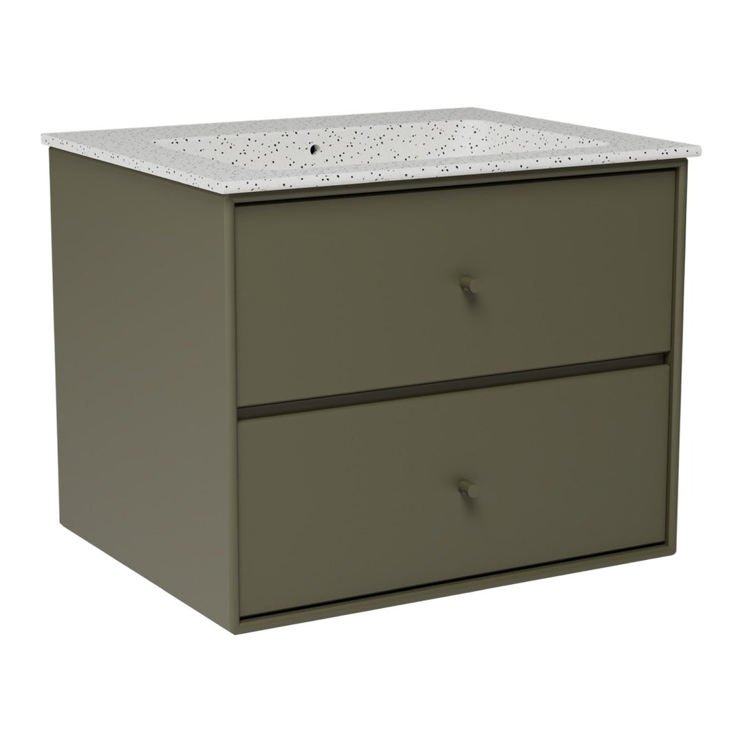 Olive green vanity cabinet with a speckled white countertop and sleek gray drawer handles. Modern and stylish design.