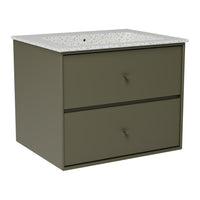 Olive green vanity cabinet with a speckled white countertop and sleek gray drawer handles. Modern and stylish design.