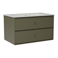 Olive green dresser with two drawers and a speckled white countertop. Modern and stylish design.