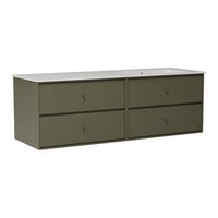 Olive green storage cabinet with four smooth drawers and a sleek white countertop. Minimalist design, modern aesthetic.