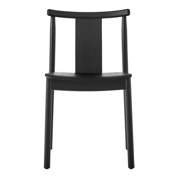 Black wooden chair with a simple design and smooth finish, featuring a solid back and clean lines.