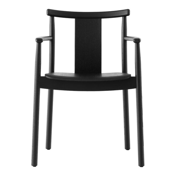 Modern black wooden chair with a sleek design and minimalistic pattern, featuring curved arms and a sturdy backrest.