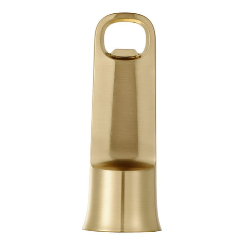 Shiny brass bottle opener with a sleek design and smooth surfaces, featuring a golden metallic finish.