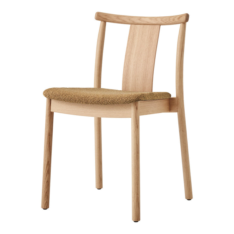 Natural wood chair with a light beige seat, featuring a minimalist design and smooth, clean lines.