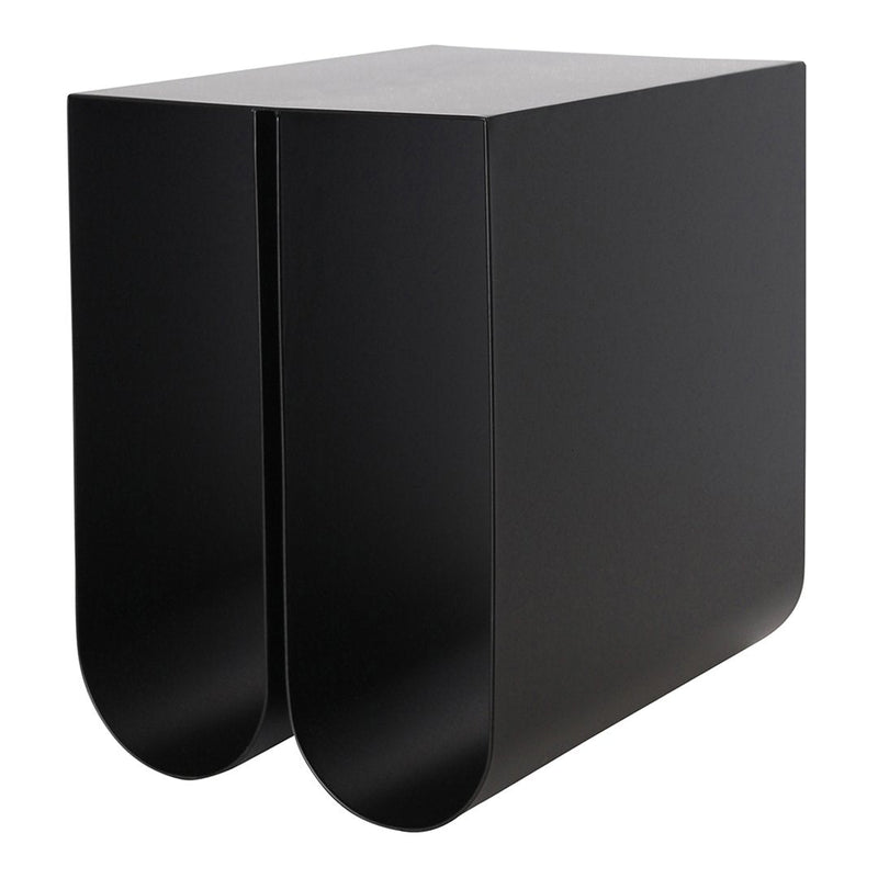 Sleek black modern side table with smooth, curved edges and a minimalist design. Ideal for contemporary decor.