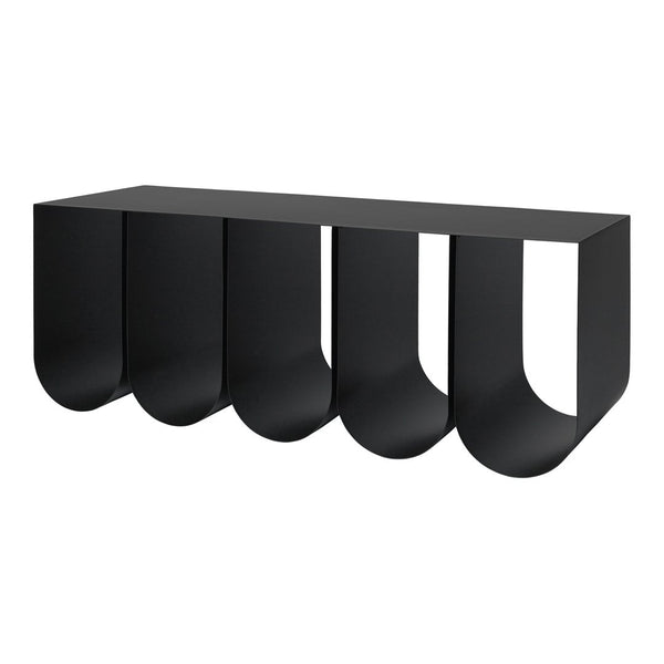 Stylish black metal console table with a modern, curved pattern, perfect for contemporary decor.
