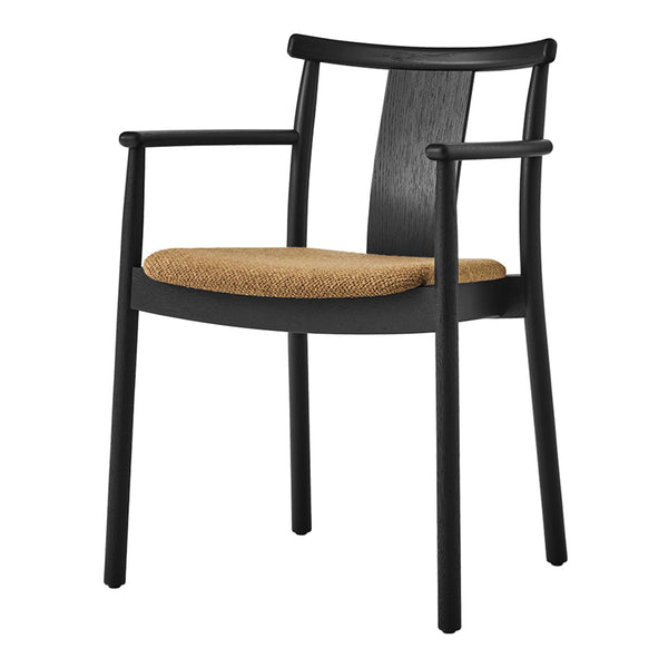 Black wooden chair with a natural woven seat, featuring a minimalist design for modern decor.