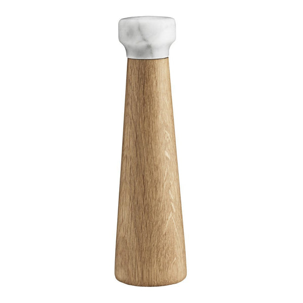 Wooden salt shaker with a tapered design, featuring a natural wooden base and a white marble top.
