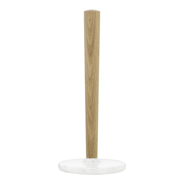 Wooden paper towel holder with a natural oak finish and a sleek white marble base. Simple and modern design.