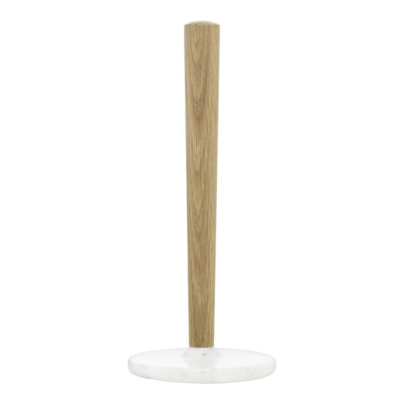 Wooden paper towel holder with a natural oak finish and a sleek white marble base. Simple and modern design.