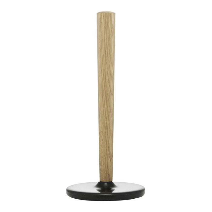 Natural wood with a light oak finish and a sleek black base. Modern minimalist design for home decor.