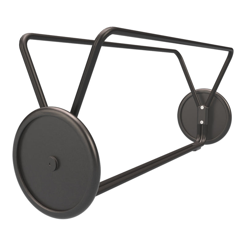 Black metal cart with a minimalist design and circular wheels, featuring a sleek, modern finish.