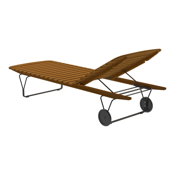 Brown slatted lounge chair with sleek metal frame and wheels for easy movement, perfect for outdoor relaxation.