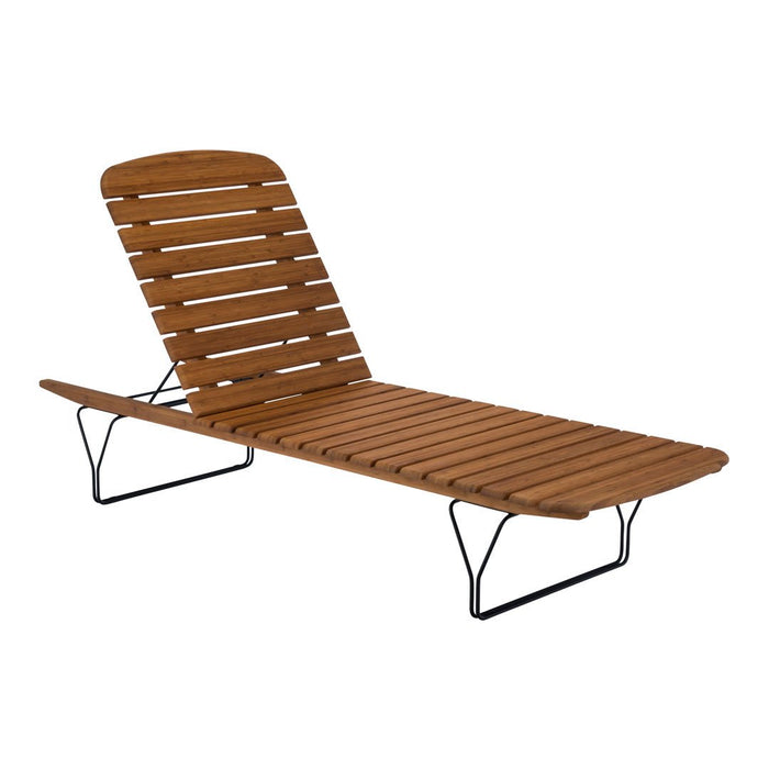 Wooden slatted lounge chair with a natural brown finish and sleek black metal supports. Perfect for outdoor use.