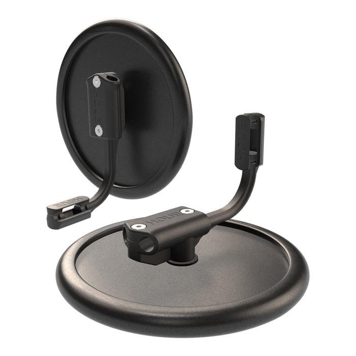 Black circular mount with a sleek, matte finish and minimalist design, featuring two adjustable arms.