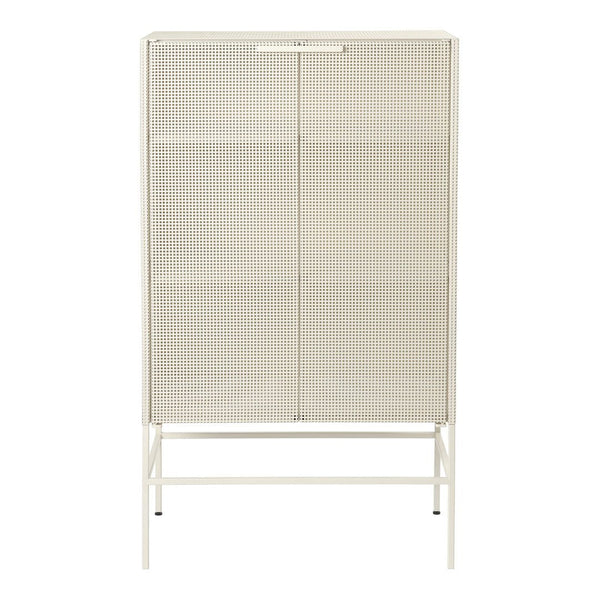 White metal cabinet with a sleek minimalist design and smooth, flat surface pattern, ideal for modern decor.