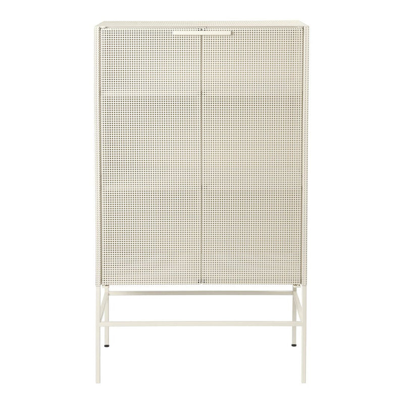 White metal cabinet with a sleek minimalist design and smooth, flat surface pattern, ideal for modern decor.