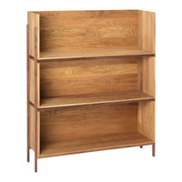Wooden bookshelf featuring a warm oak finish with a natural grain pattern, showcasing three open shelves.