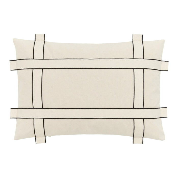 Beige pillow with black grid pattern and contrasting lines, perfect for modern decor.