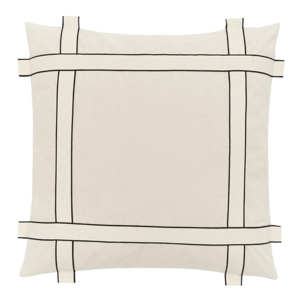 Cream square pillow with a minimalist black grid pattern and tie accents. Perfect for modern decor styling.