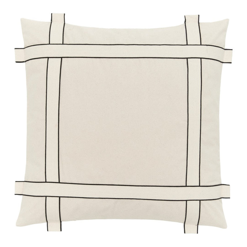 Cream square pillow with a minimalist black grid pattern and tie accents. Perfect for modern decor styling.