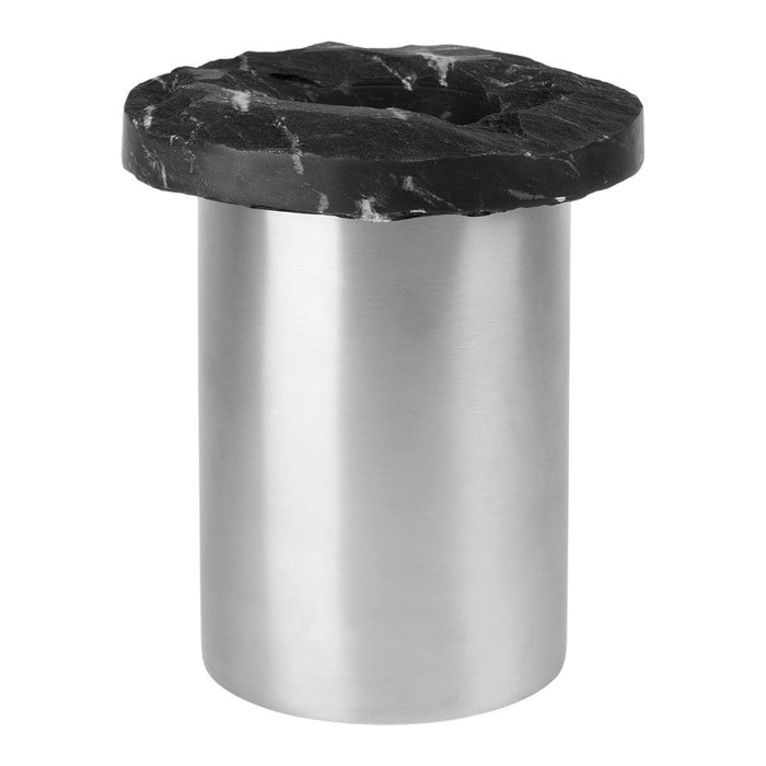 Black marble top with white veining on a sleek silver cylindrical base. Elegant modern design for any decor.