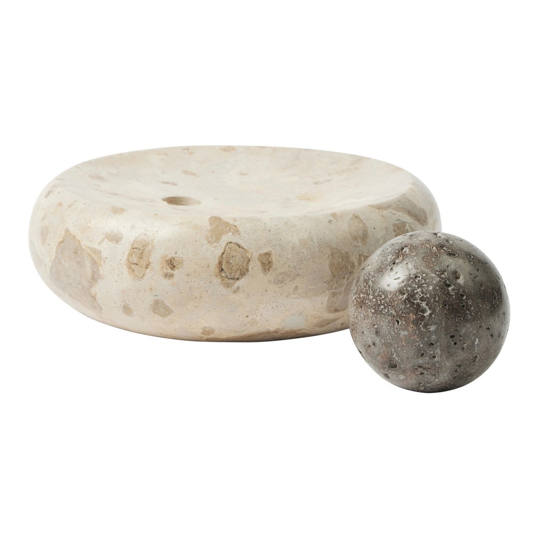 Neutral-toned round base with subtle speckled pattern paired with a textured gray ball, ideal for modern decor.