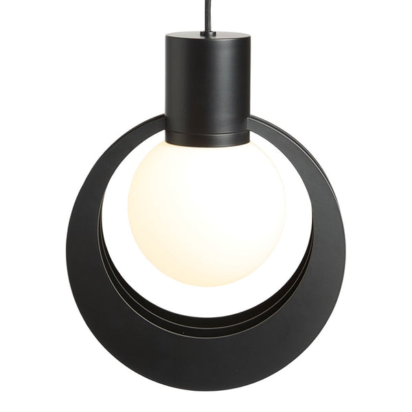 Modern black pendant lamp with a circular design and a glowing white orb in the center, perfect for stylish decor.
