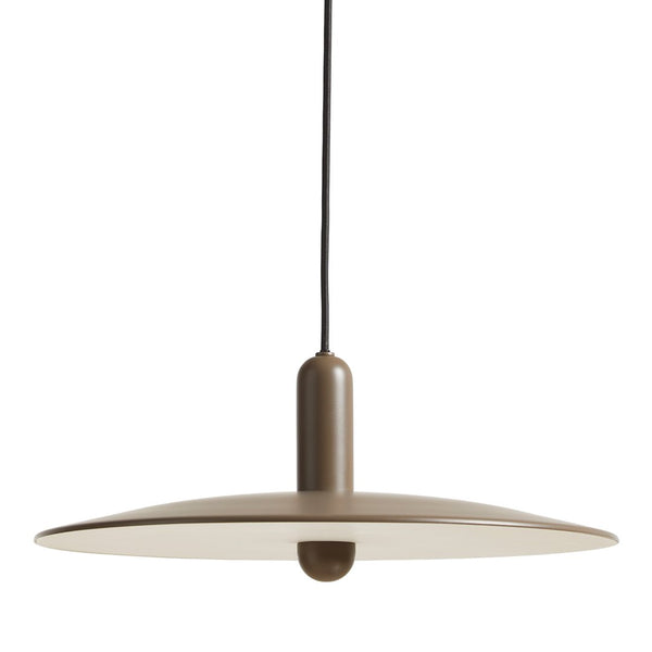 "Modern pendant lamp in a soft brown finish with a sleek, minimalist design and white underside."