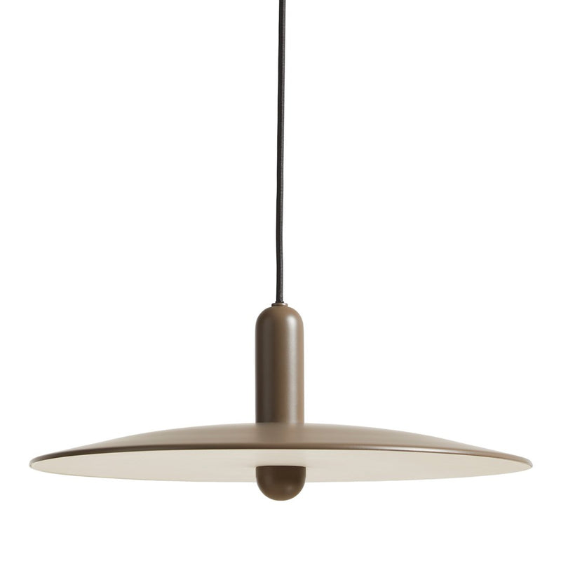 "Modern pendant lamp in a soft brown finish with a sleek, minimalist design and white underside."