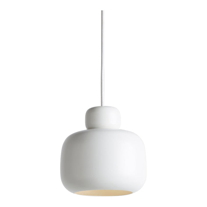 White pendant lamp with a smooth, rounded design and soft matte finish. Ideal for modern decor.