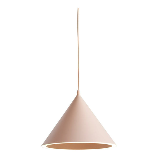 Modern cone pendant lamp in soft pink with a smooth matte finish. Perfect for stylish home decor.