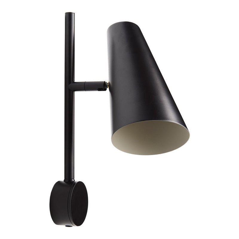 Black wall lamp with a sleek cone shade and circular base, featuring a matte finish for a modern aesthetic.