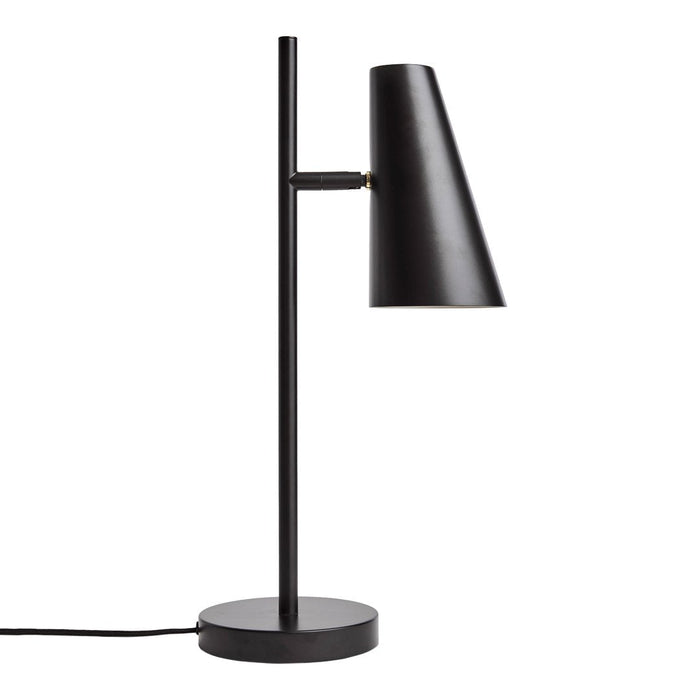 Sleek black metal table lamp with a conical shade and circular base, perfect for modern decor.