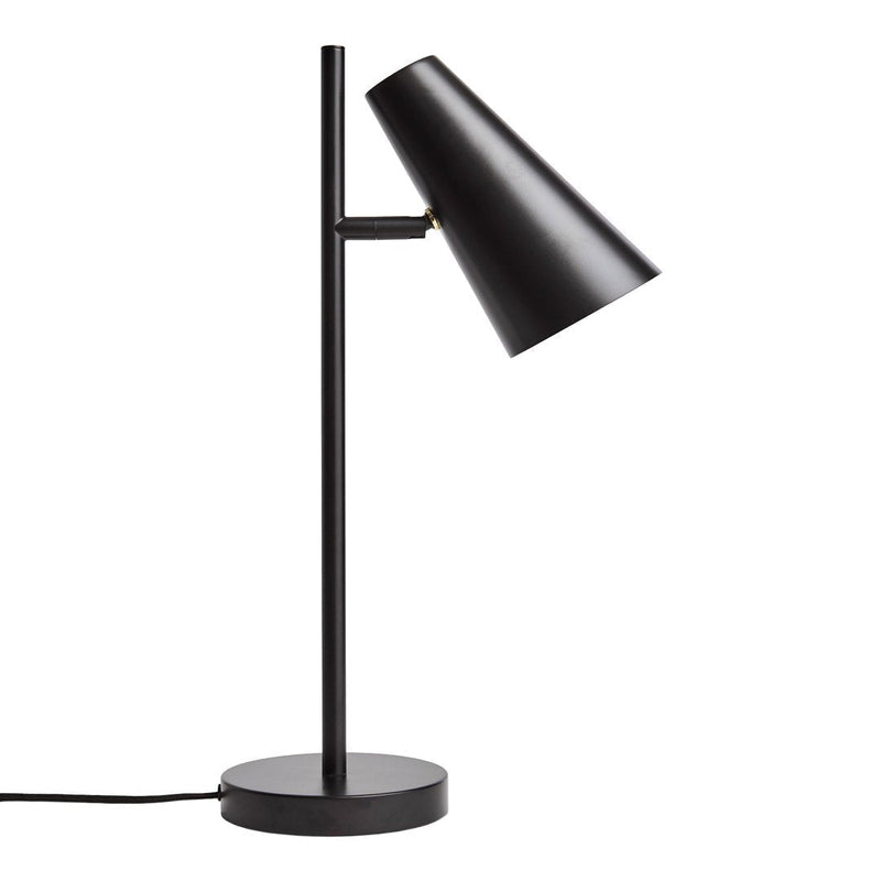 Sleek black table lamp with a modern conical shade and minimalist design, perfect for contemporary decor.