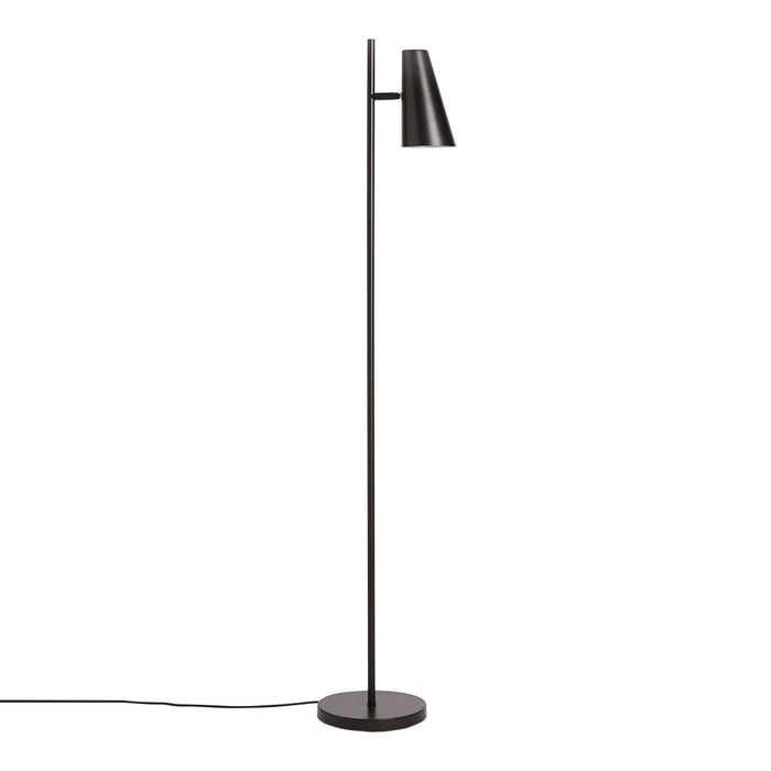 Sleek black floor lamp with a minimalist design and modern, tapered shade on a round base.