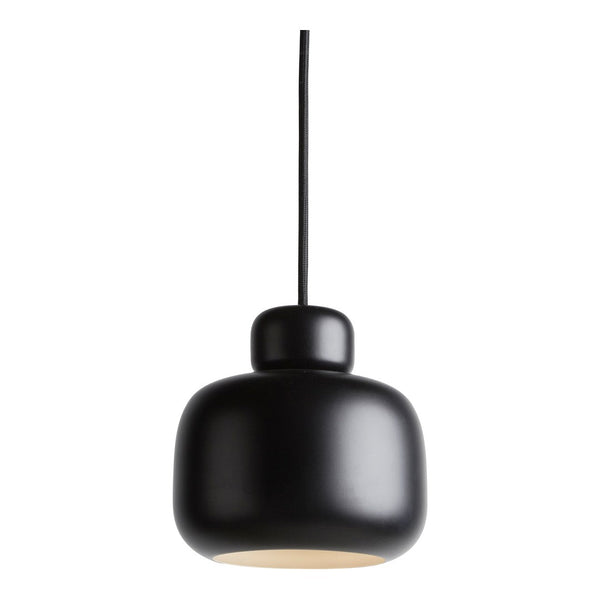 Matte black pendant lamp with a smooth, rounded design and a subtle glow from the bottom. Elegant and modern decor.