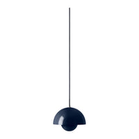 Navy blue pendant lamp with a sleek, modern half-sphere shape and a matching suspension cord.