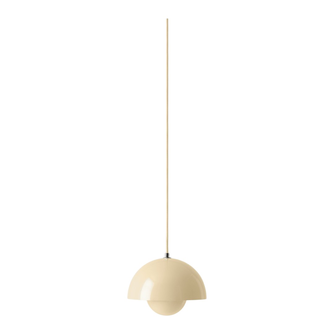 Cream-colored pendant light with a smooth, semi-spherical design and minimalistic style.