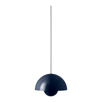 Navy blue pendant light with a smooth, half-spherical design and minimalist aesthetic.
