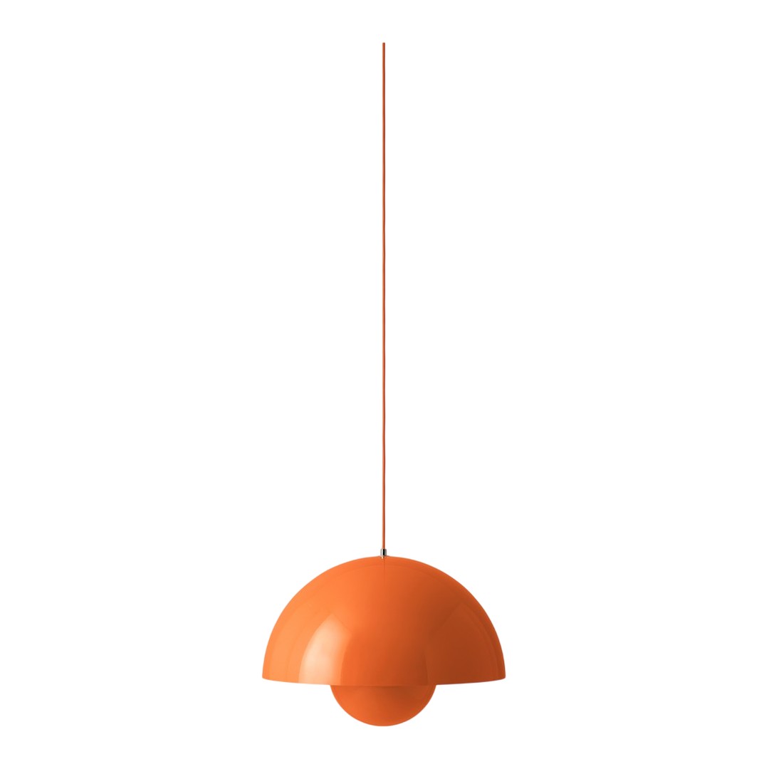 Bright orange pendant light with a modern, half-spherical design and sleek, minimalist pattern.