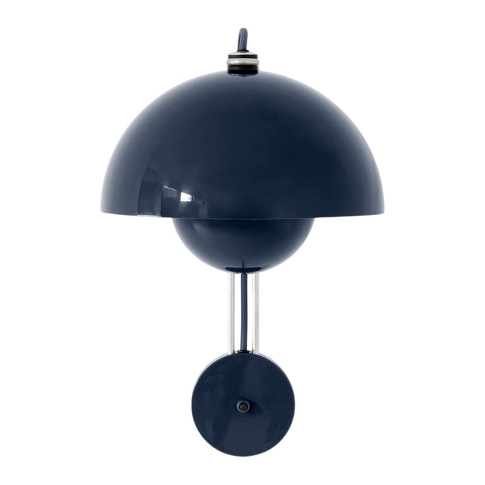 Modern navy blue dome lamp with a sleek circular design and polished silver accents. Perfect for contemporary decor.