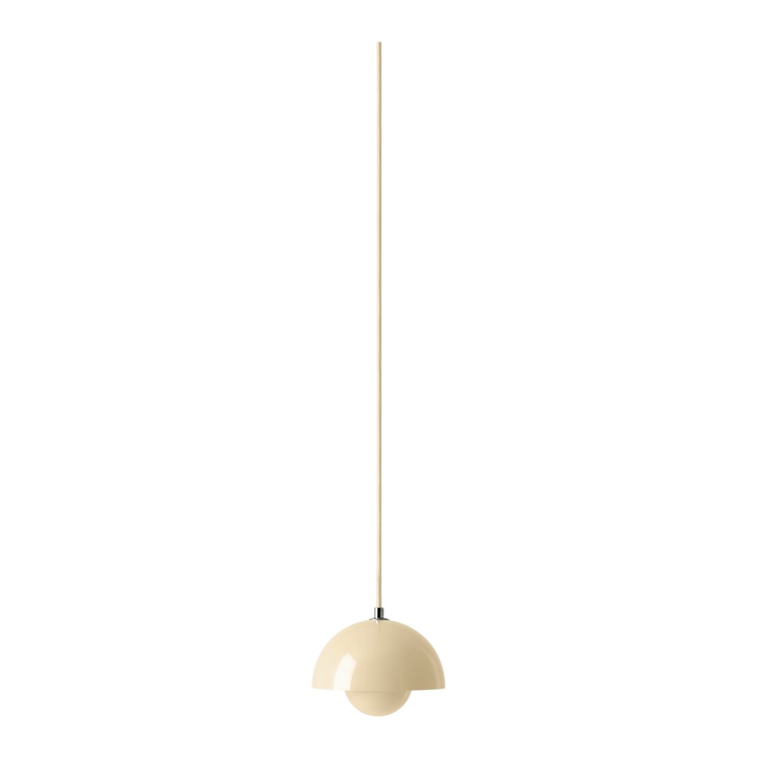Cream-colored pendant lamp with a smooth, rounded design and minimalist aesthetic. Perfect for modern decor.