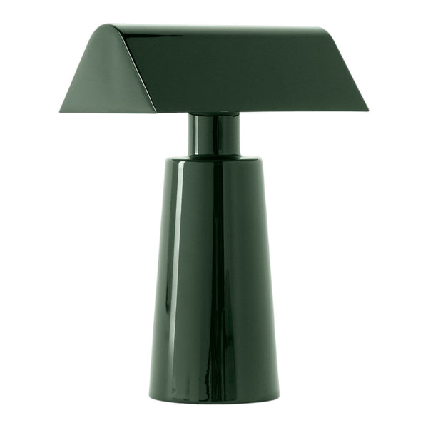 Green modern table lamp with a sleek, geometric design and glossy finish. Ideal for contemporary decor.