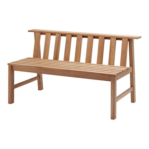 Natural wood bench featuring a light brown hue and slatted design, perfect for outdoor seating.