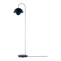 Sleek black floor lamp with a minimalist design and curved shade, complemented by a slender metallic base.