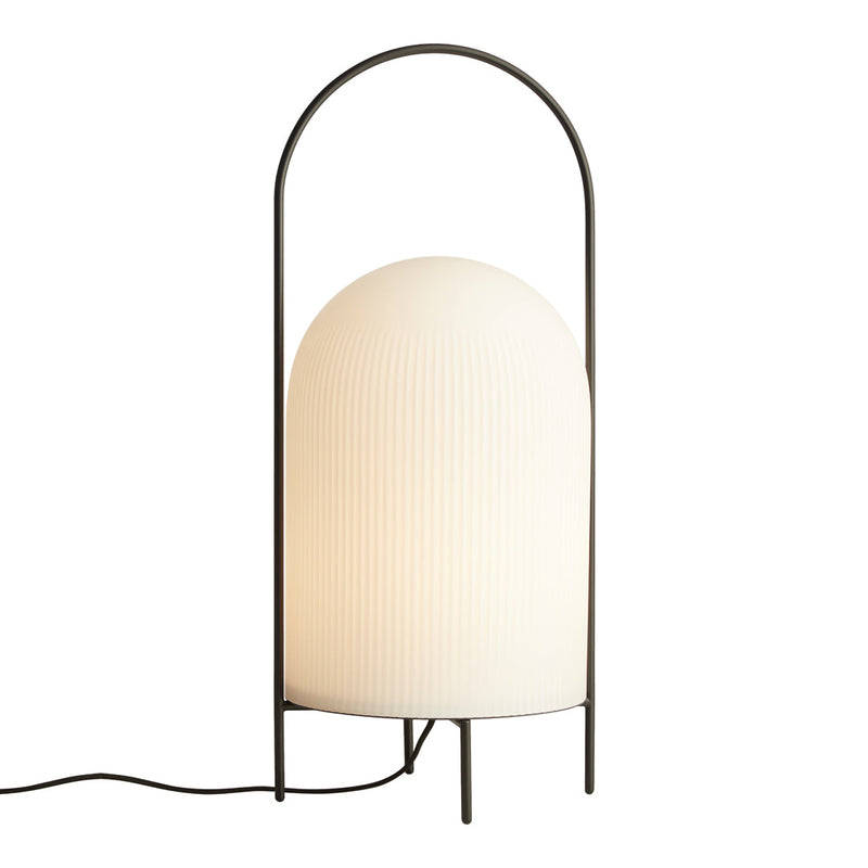 Modern table lamp with a white pleated shade and black metal frame, featuring a minimalist arch design.