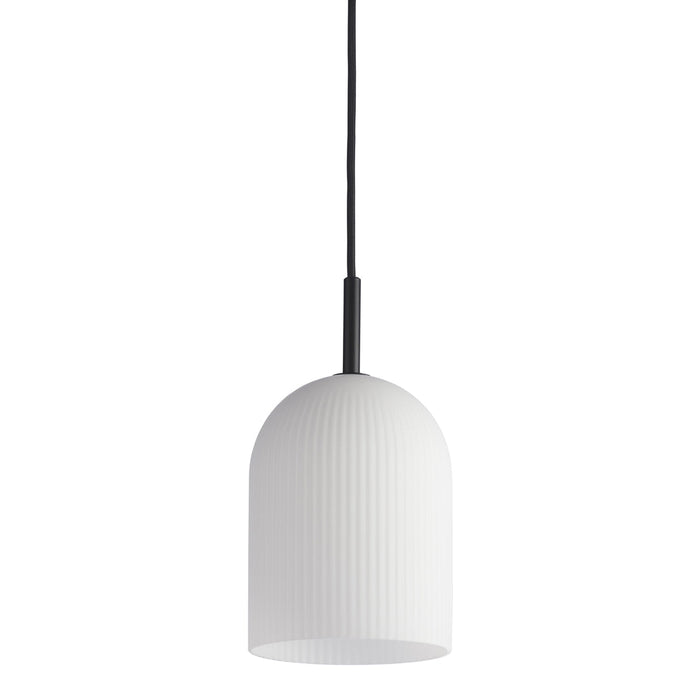 White ribbed pendant lamp with a sleek black hanging cord for modern decor. Perfect for stylish illumination.