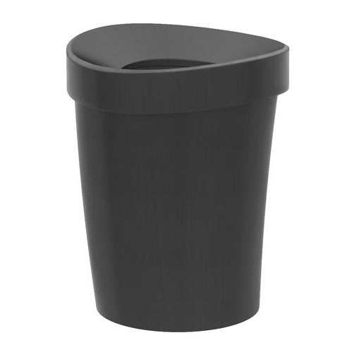 Modern black trash can with a sleek, curved design and smooth matte finish, ideal for contemporary spaces.