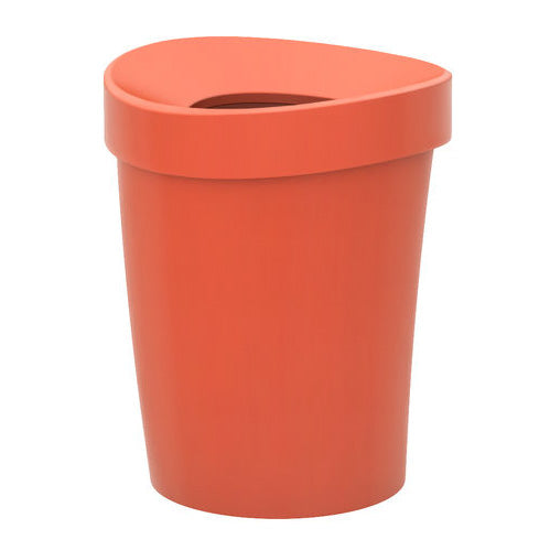 Coral orange trash bin with a modern, curved design, featuring a smooth, matte finish. Perfect for stylish waste disposal.